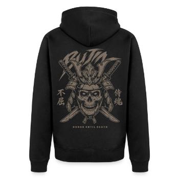 Totenkopf Samurai Krieger mit gekreuzten Katana - Unisex Premium Bio Zip Hoodie - Schwarz - Hinten - Nico (187cm)