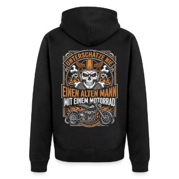 Unterschätze nie einen alten Mann mit Motorrad - Unisex Premium Bio Zip Hoodie - Schwarz - Hinten - Nico (187cm)