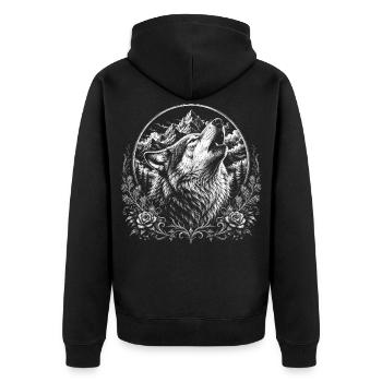 Heulender Wolf in Berglandschaft im Gravur Stil - Unisex Premium Bio Zip Hoodie - Schwarz - Hinten - Nico (187cm)