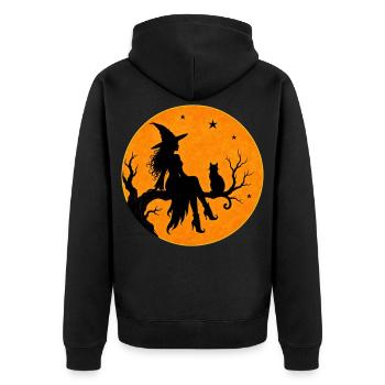 Halloween Hexe mit Katze im Vollmond T-Shirt Motiv - Unisex Premium Bio Zip Hoodie - Schwarz - Hinten - Nico (187cm)