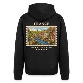 Frankreich Colmar Vintage Reisemarke - Unisex Premium Bio Zip Hoodie - Schwarz - Hinten - Nico (187cm)