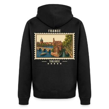 Frankreich Toulouse Vintage Reisemarke - Unisex Premium Bio Zip Hoodie - Schwarz - Hinten - Nico (187cm)