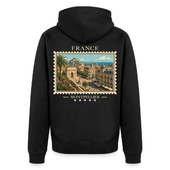 Frankreich Montpellier Vintage Reisemarke - Unisex Premium Bio Zip Hoodie - Schwarz - Hinten - Nico (187cm)