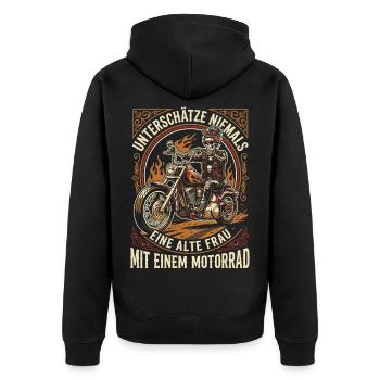 Unterschätze nie eine alte Frau mit Motorrad - Unisex Premium Bio Zip Hoodie - Schwarz - Hinten - Nico (187cm)