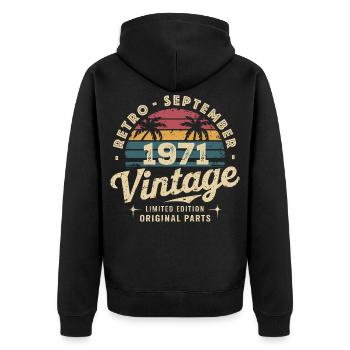 Vintage September 1971 Limitierte Ausgabe September - Unisex Premium Bio Zip Hoodie - Schwarz - Hinten - Nico (187cm)