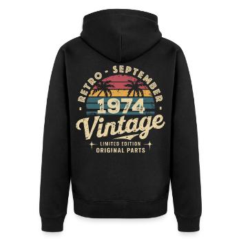 Vintage September 1974 Limited Edition September - Unisex Premium Bio Zip Hoodie - Schwarz - Hinten - Nico (187cm)