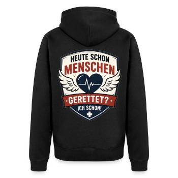 Rettungshelden Badge: Heute Schon Gerettet - Unisex Premium Bio Zip Hoodie - Schwarz - Hinten - Nico (187cm)