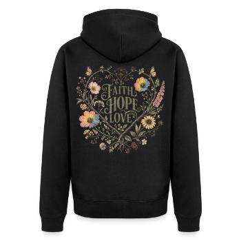 Faith Hope Love Botanical Herz Hoodie Vintage - Unisex Premium Bio Zip Hoodie - Schwarz - Hinten - Nico (187cm)