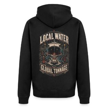 Hafenlotse Hafenlotsen Local Water Global Tonnage - Unisex Premium Organic Zip Hoodie - black - Back - Nico (187cm)