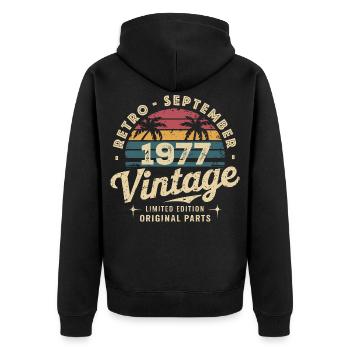 Vintage September 1977 Limited Edition September - Unisex Premium Bio Zip Hoodie - Schwarz - Hinten - Nico (187cm)