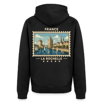 Frankreich La Rochelle Vintage Reisemarke - Unisex Premium Bio Zip Hoodie - Schwarz - Hinten - Nico (187cm)