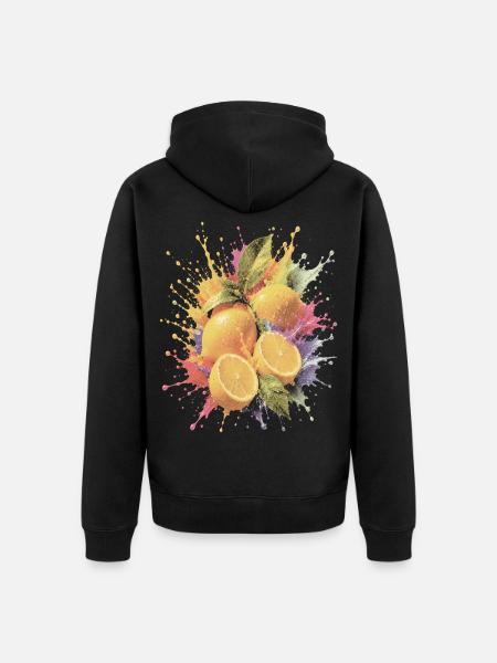 Zitronengelbe Zitrus-Mehrfarbige Spritzkunst - Unisex Premium Bio Zip Hoodie - Schwarz