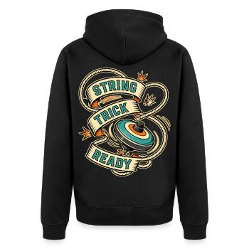 STRING TRICK READY - Unisex Premium Bio Zip Hoodie - Schwarz - Hinten - Nico (187cm)
