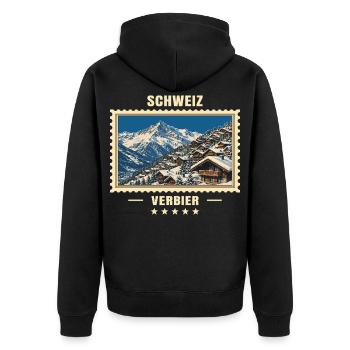 Schweiz Verbier Winter Vintage Reisemarke - Unisex Premium Bio Zip Hoodie - Schwarz - Hinten - Nico (187cm)