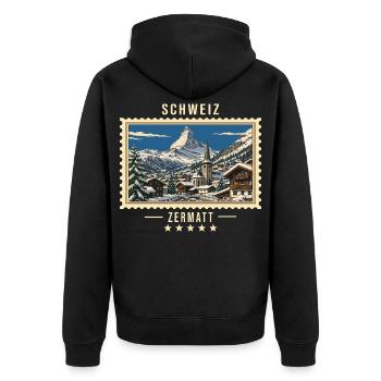 Schweiz Zermatt Winter Vintage Reisemarke - Unisex Premium Bio Zip Hoodie - Schwarz - Hinten - Nico (187cm)