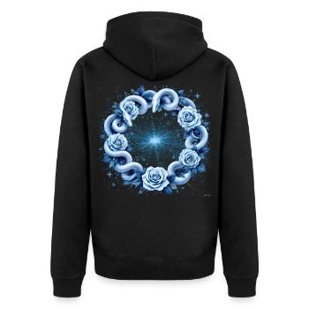 Hellblaues Schlangen-Rosenkreis-Design. - Unisex Premium Bio Zip Hoodie - Schwarz - Hinten - Nico (187cm)