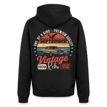 Geburtstag September 1970 Oldtimer - Unisex Premium Bio Zip Hoodie - Schwarz - Hinten - Nico (187cm)