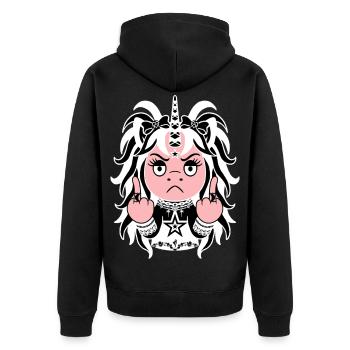 White Noise: Weißes EinZORN mit Mittelfinger - Unisex Premium Bio Zip Hoodie - Schwarz - Hinten - Nico (187cm)