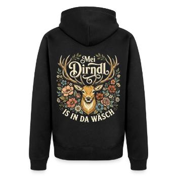 Mei Dirndl is in da Waesch - Unisex Premium Bio Zip Hoodie - Schwarz - Hinten - Nico (187cm)