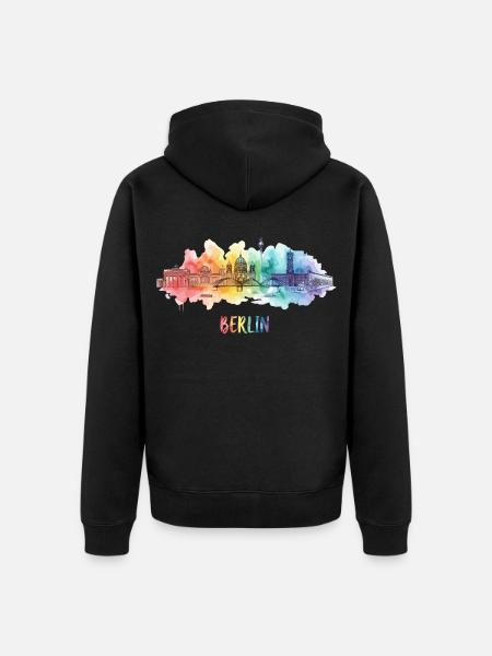 Berlin Skyline Regenbogen Aquarell - Unisex Premium Bio Zip Hoodie - Schwarz