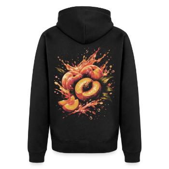Saftige Pfirsichfrucht-Sommer-Splash-Art - Unisex Premium Bio Zip Hoodie - Schwarz - Hinten - Nico (187cm)