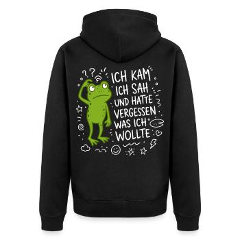Ich kam ich sah und hatte vergessen was ich wollte - Unisex Premium Bio Zip Hoodie - Schwarz - Hinten - Nico (187cm)