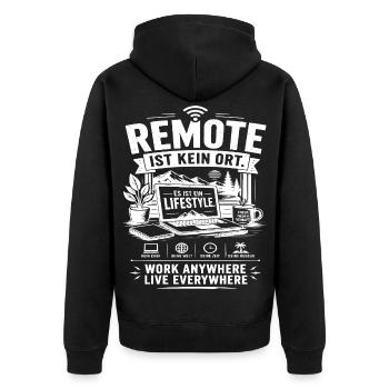 Remote ist kein Ort Lifestyle - Unisex Premium Bio Zip Hoodie - Schwarz - Hinten - Nico (187cm)