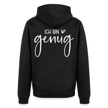Ich bin genug - Unisex Premium Bio Zip Hoodie - Schwarz - Hinten - Nico (187cm)
