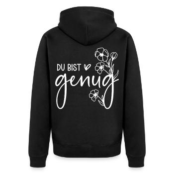 Du bist genug - Unisex Premium Bio Zip Hoodie - Schwarz - Hinten - Nico (187cm)