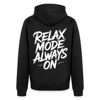 Relaxmodus Immer An - Unisex Premium Bio Zip Hoodie - Schwarz - Hinten - Nico (187cm)