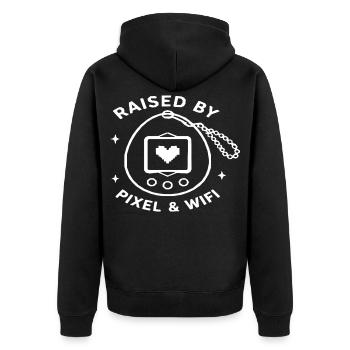 Aufgezogen von Pixel & WLAN - Unisex Premium Bio Zip Hoodie - Schwarz - Hinten - Nico (187cm)