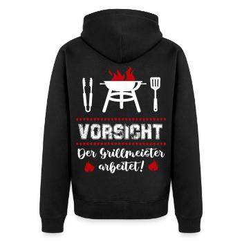 Der Grillmeister arbeitet Grillsprüche BBQ Party - Unisex Premium Bio Zip Hoodie - Schwarz - Hinten - Nico (187cm)