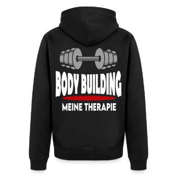 Bodybuilding Meine Therapie Sprueche Mann Frau - Unisex Premium Bio Zip Hoodie - Schwarz - Hinten - Nico (187cm)