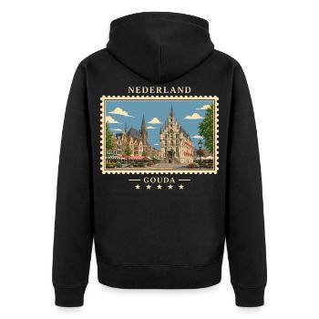 Nederland Gouda Vintage Reisemarke - Unisex Premium Bio Zip Hoodie - Schwarz - Hinten - Nico (187cm)