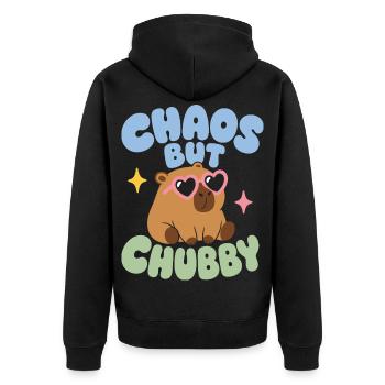 Capybara mit Herzbrille – Chaos But Chubby - Unisex Premium Bio Zip Hoodie - Schwarz - Hinten - Nico (187cm)
