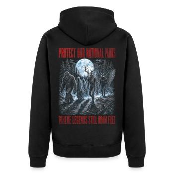 Kryptiden schützen unsere Nationalpark-Mottenmänner - Unisex Premium Bio Zip Hoodie - Schwarz - Hinten - Nico (187cm)