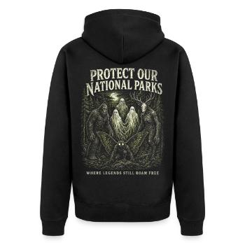 Kryptiden schützen unsere Nationalpark-Mottenmänner - Unisex Premium Bio Zip Hoodie - Schwarz - Hinten - Nico (187cm)