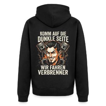 Komm auf die dunkle Seite, wir fahren Verbrenner - Unisex Premium Bio Zip Hoodie - Schwarz - Hinten - Nico (187cm)