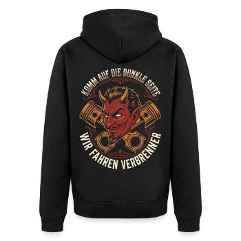 Komm auf die dunkle Seite, wir fahren Verbrenner - Unisex Premium Bio Zip Hoodie - Schwarz - Hinten - Nico (187cm)