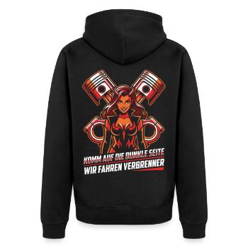 Komm auf die dunkle Seite, wir fahren Verbrenner - Unisex Premium Bio Zip Hoodie - Schwarz - Hinten - Nico (187cm)