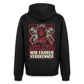 Komm auf die dunkle Seite, wir fahren Verbrenner - Unisex Premium Bio Zip Hoodie - Schwarz - Hinten - Nico (187cm)