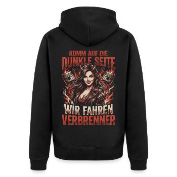 Komm auf die dunkle Seite, wir fahren Verbrenner - Unisex Premium Bio Zip Hoodie - Schwarz - Hinten - Nico (187cm)