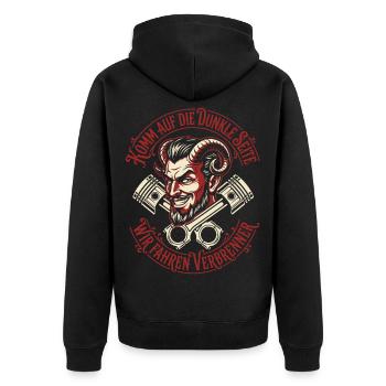Komm auf die dunkle Seite, wir fahren Verbrenner - Unisex Premium Bio Zip Hoodie - Schwarz - Hinten - Nico (187cm)