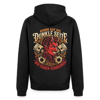 Komm auf die dunkle Seite, wir fahren Verbrenner - Unisex Premium Bio Zip Hoodie - Schwarz - Hinten - Nico (187cm)