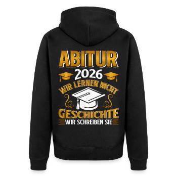 Wir lernen nicht Geschichte - Unisex Premium Bio Zip Hoodie - Schwarz - Hinten - Nico (187cm)