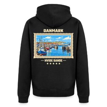 Danmark Hvide Sande Vintage Reisemarke - Unisex Premium Bio Zip Hoodie - Schwarz - Hinten - Nico (187cm)