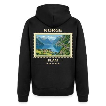 Norwegen Flåm Vintage Reisemarke - Unisex Premium Bio Zip Hoodie - Schwarz - Hinten - Nico (187cm)