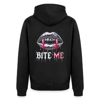 Bite Me – Y2K Liquid Chrome Edgy Streetwear - Unisex Premium Bio Zip Hoodie - Schwarz - Hinten - Nico (187cm)
