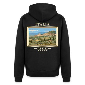 Italien Assisi Vintage Reisemarke - Unisex Premium Bio Zip Hoodie - Schwarz - Hinten - Nico (187cm)
