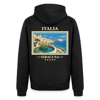 Italien Syrakus Vintage Reisemarke - Unisex Premium Bio Zip Hoodie - Schwarz - Hinten - Nico (187cm)